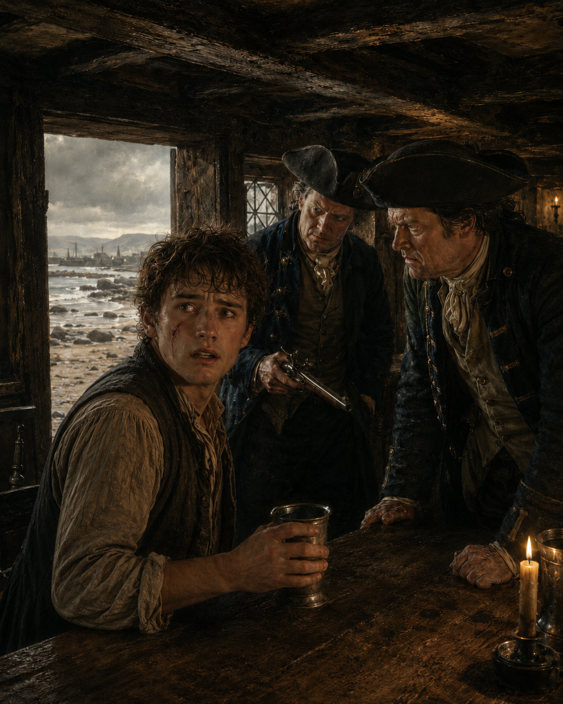 A young man with a scarred cheek sitting at a table with two armed 18th-century officers at the Mermaid Inn.