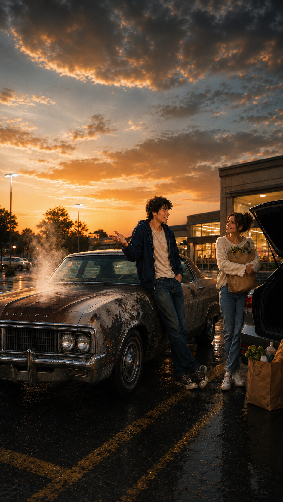 A young man leaning against a fire-damaged 1976 Buick steaming in a grocery store parking lot at sunset, talking with a woman loading groceries.