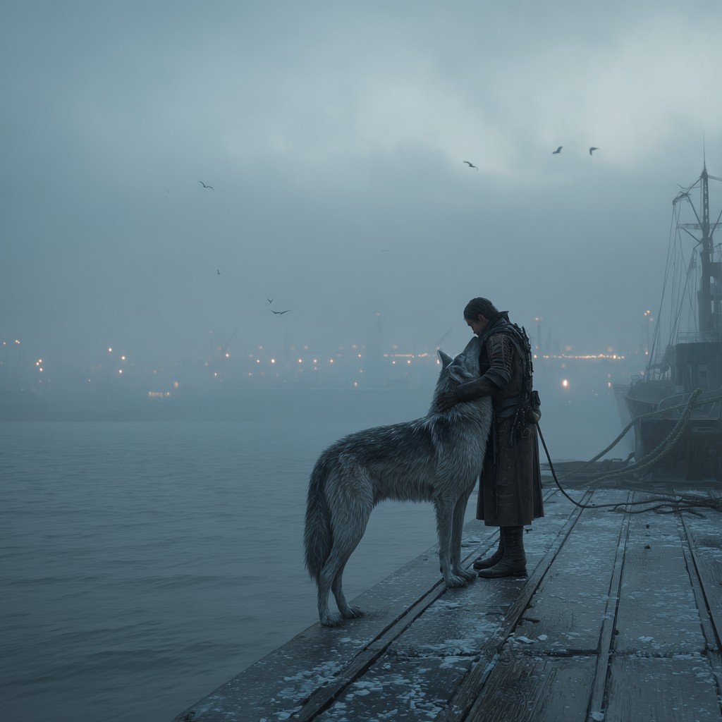 Mryn Wayfarer walking a storm-lashed pier beside Jax, his silver-grey wolfhound