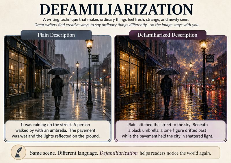 A rain-slicked street shown twice: once in plain description, once defamiliarized