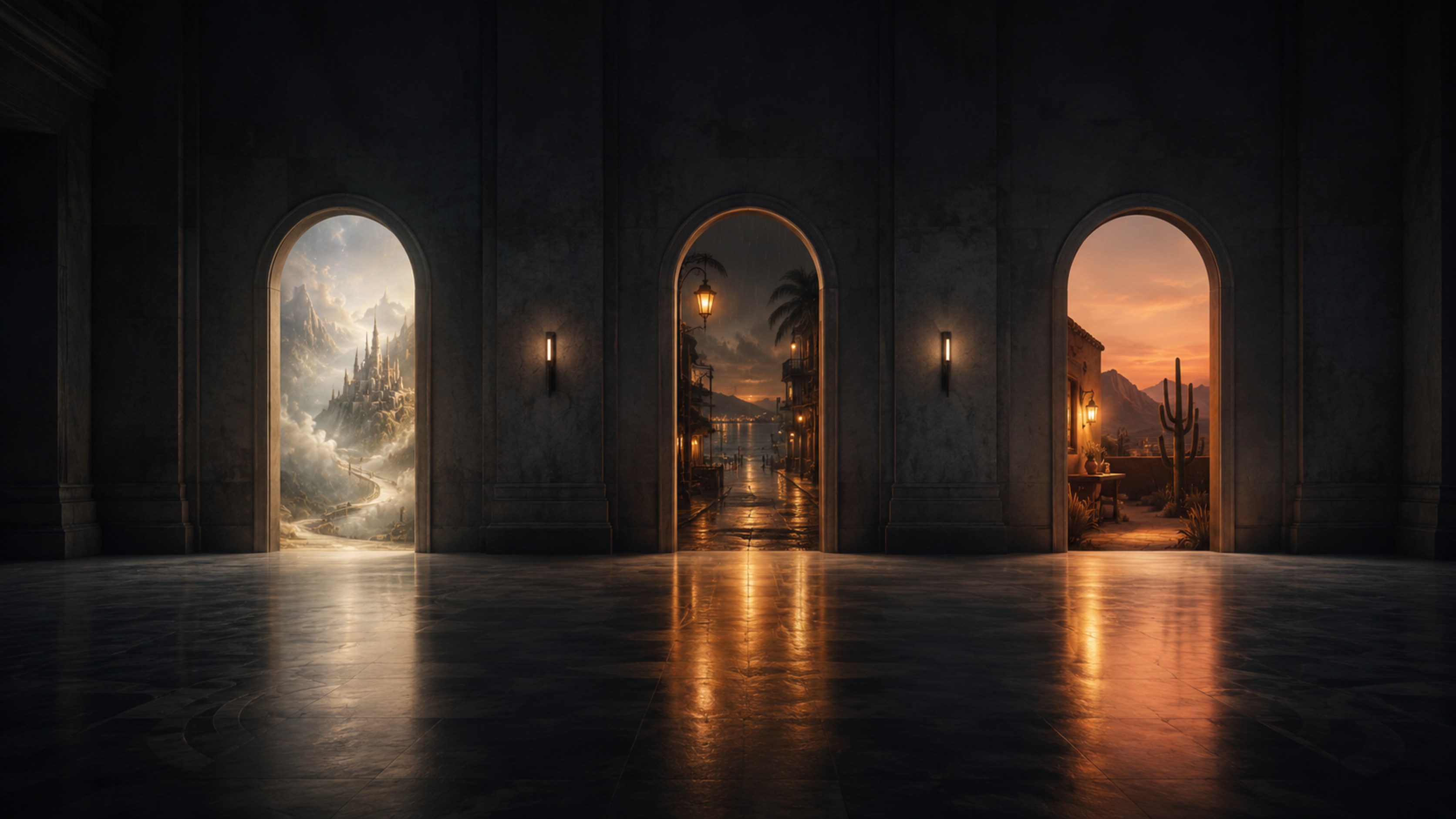 Three grand stone archways revealing different worlds