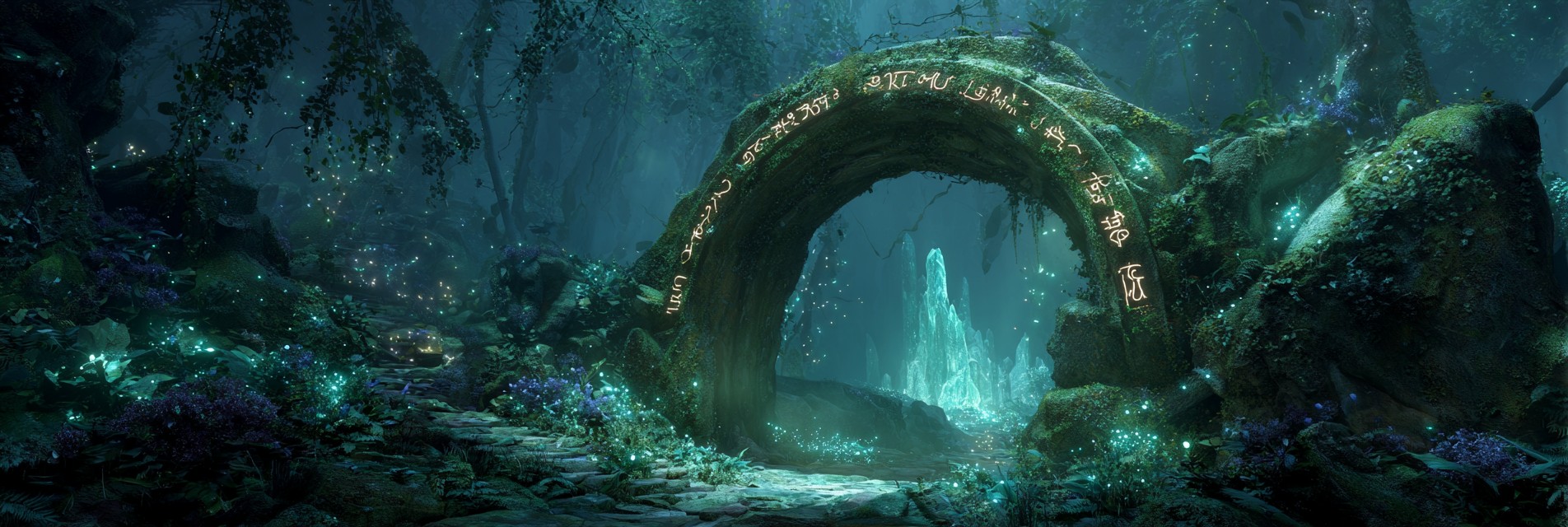 A moss-grown stone archway inscribed with glowing runes, opening onto a luminous forest