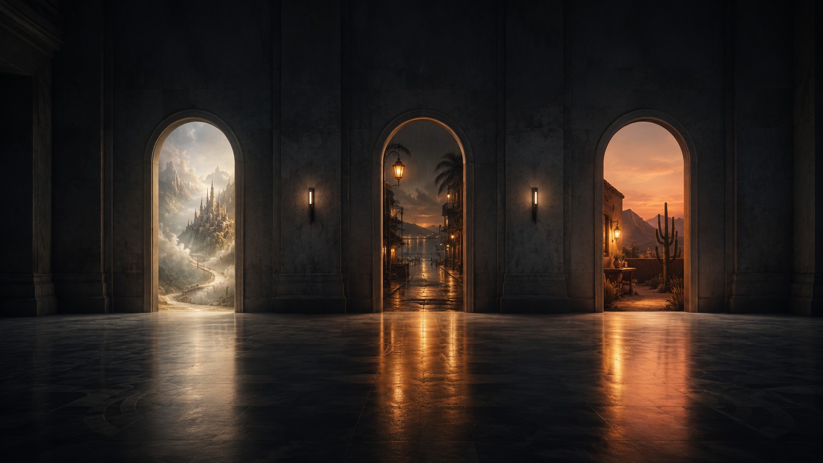 Three grand stone archways revealing different worlds
