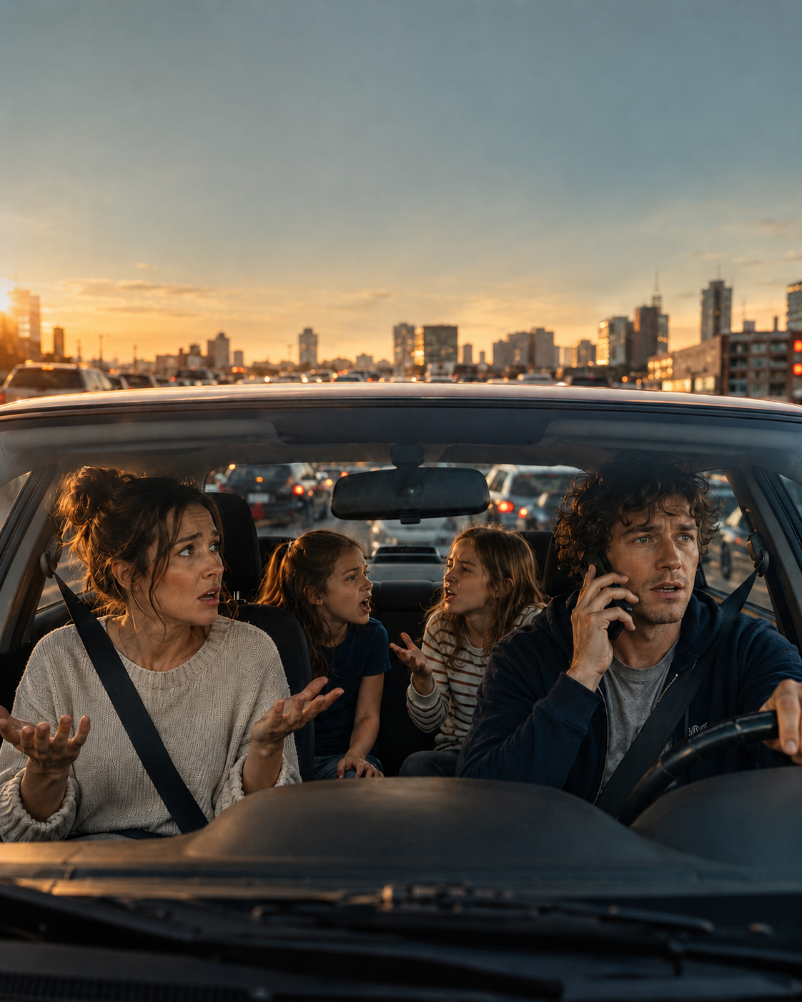 A family arguing in a car in rush-hour traffic while the driver talks on his phone.