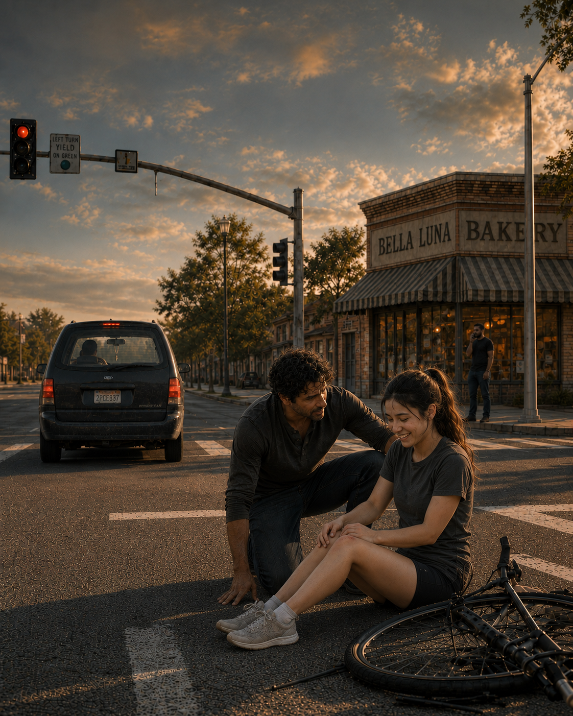 A man crouching beside a young cyclist sitting in the road outside a bakery at sunset, her bicycle on the asphalt beside them.