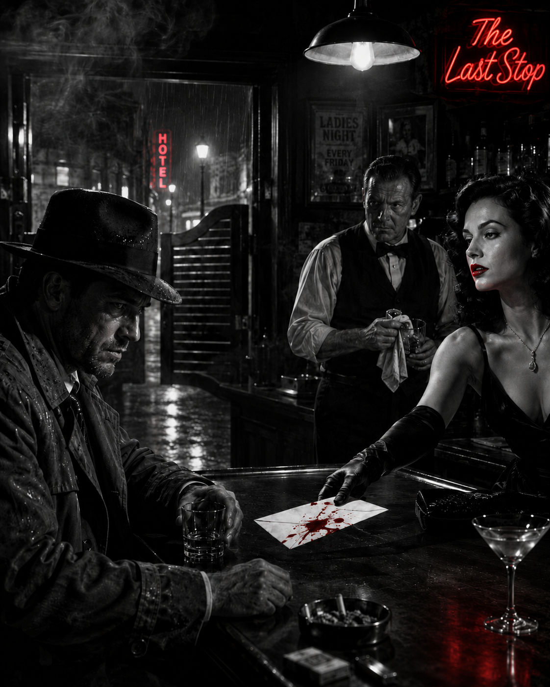 A noir detective sitting at a bar with a woman sliding a bloodstained envelope toward him.